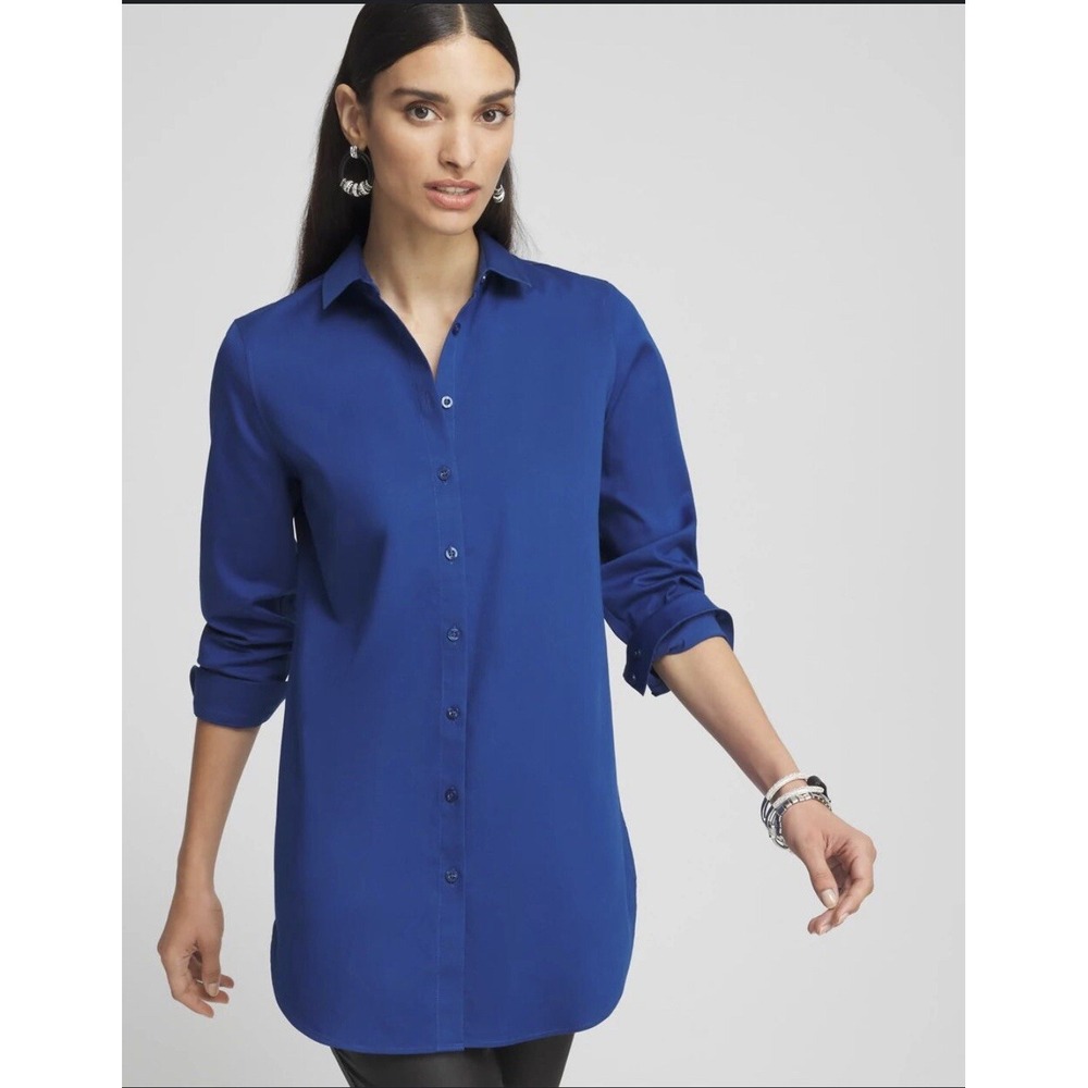 New Chico's sz 2 (12x14) Half Placket Shirt Classic Navy Blue No Iron Silky Soft